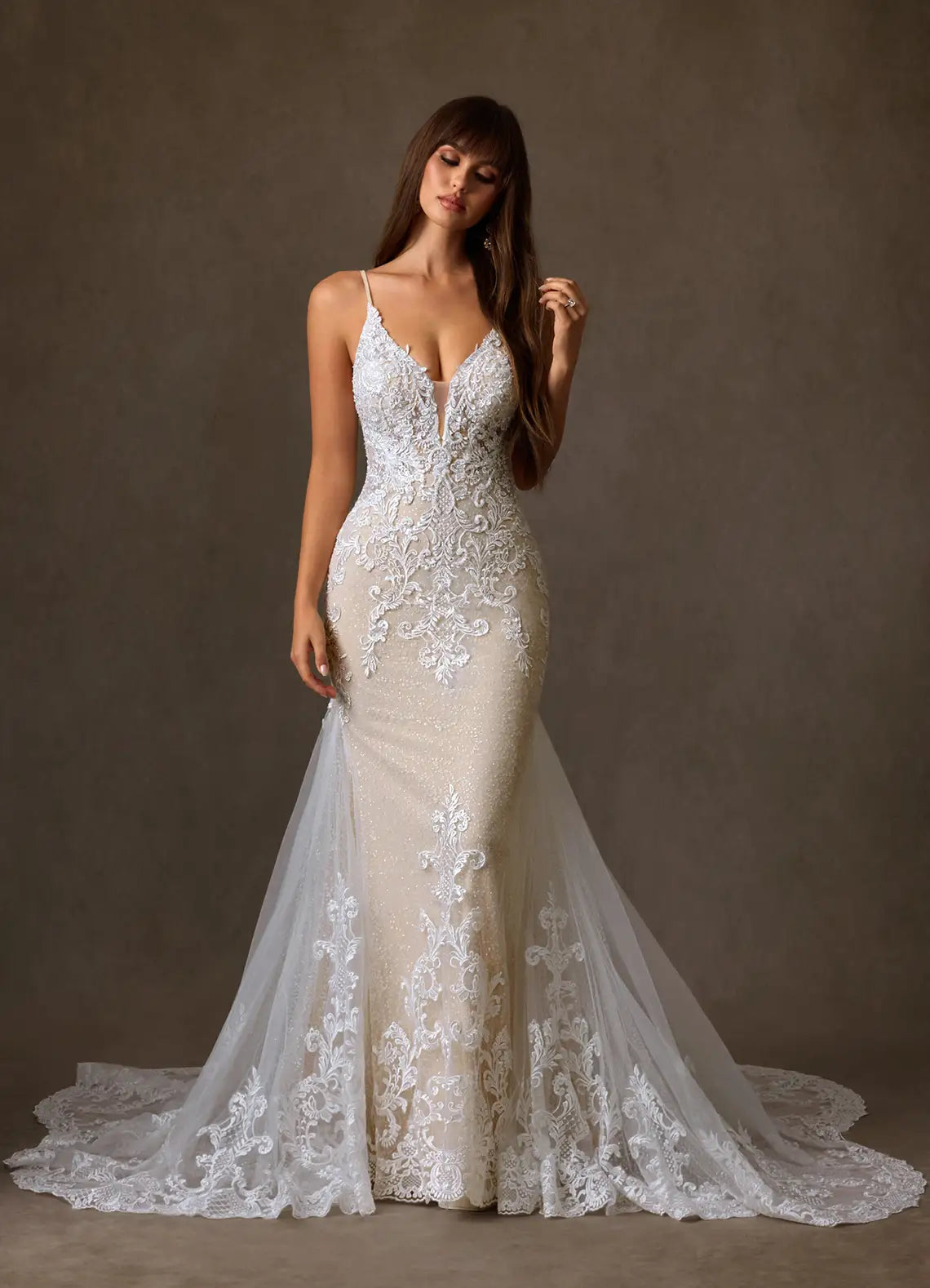 Low V-back With Button Closure Embroidered Lace Mermaid Wedding Dress with Plunging Neckline and Low Back