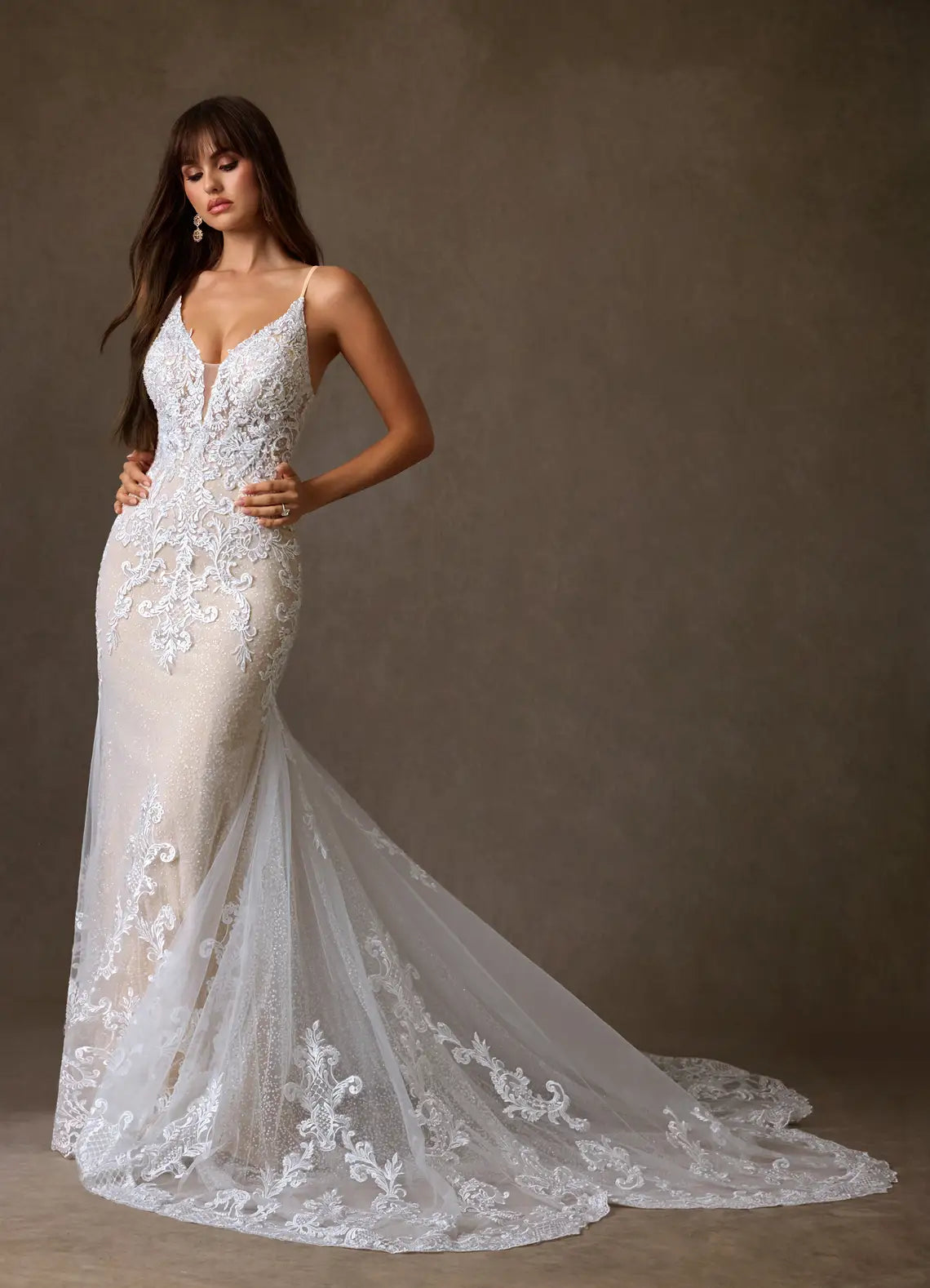 Low V-back With Button Closure Embroidered Lace Mermaid Wedding Dress with Plunging Neckline and Low Back