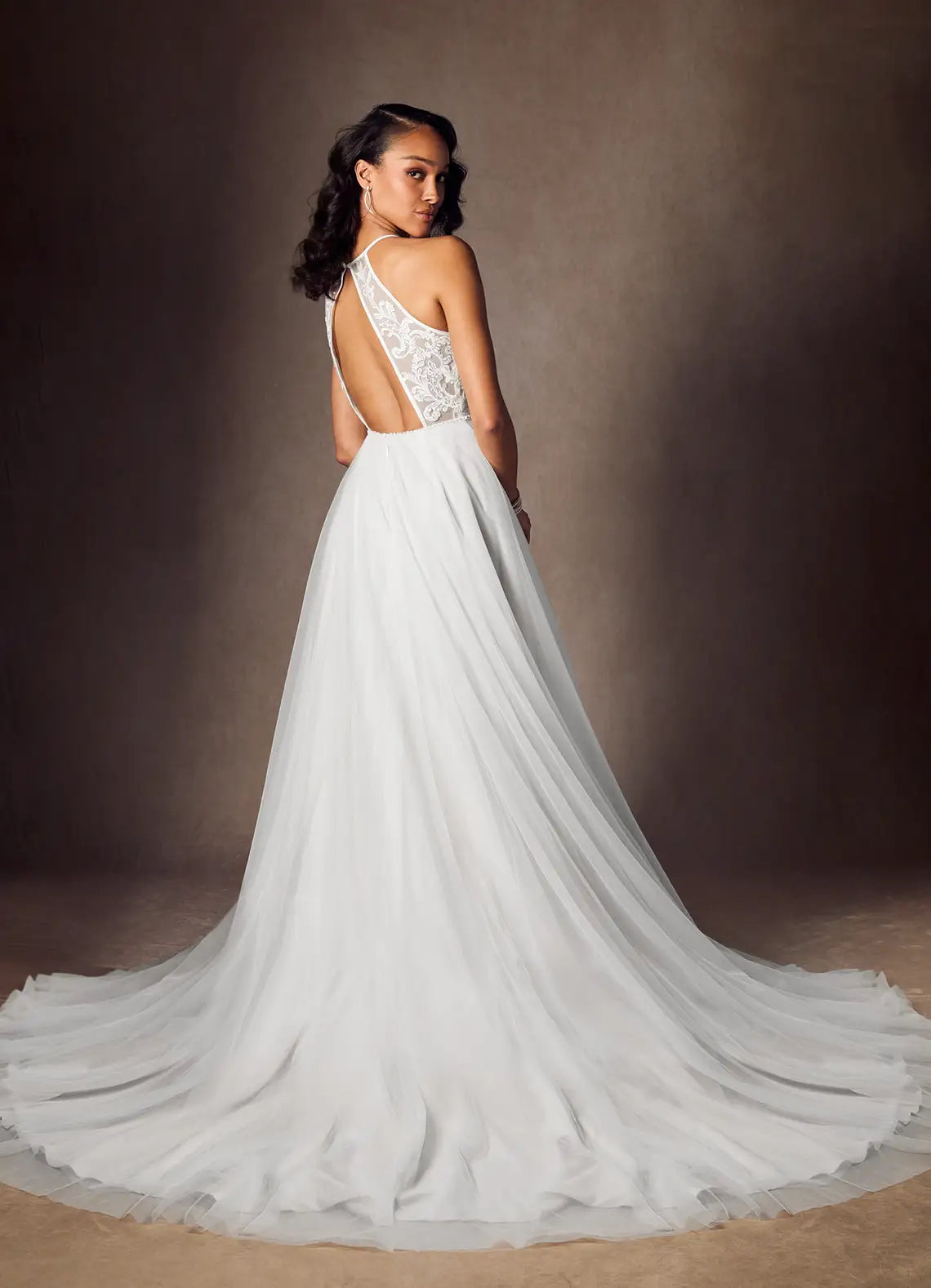 Low open back with lace appliques Floral Lace Wedding Dress with Halter Neckline and Two Silhouette Options