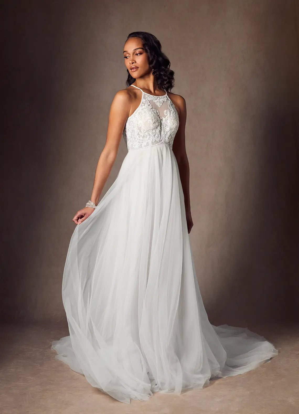 Low open back with lace appliques Floral Lace Wedding Dress with Halter Neckline and Two Silhouette Options