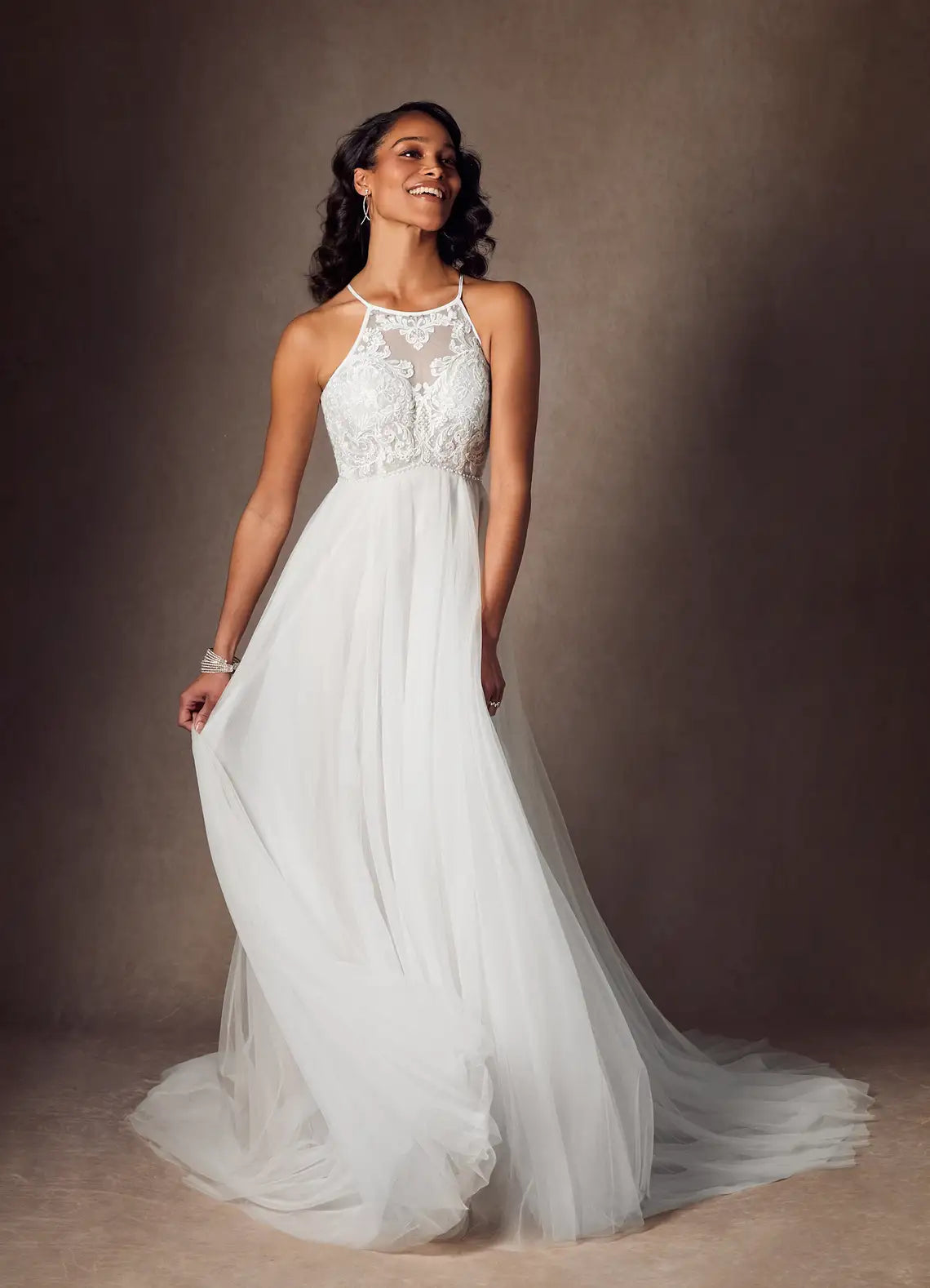 Low open back with lace appliques Floral Lace Wedding Dress with Halter Neckline and Two Silhouette Options