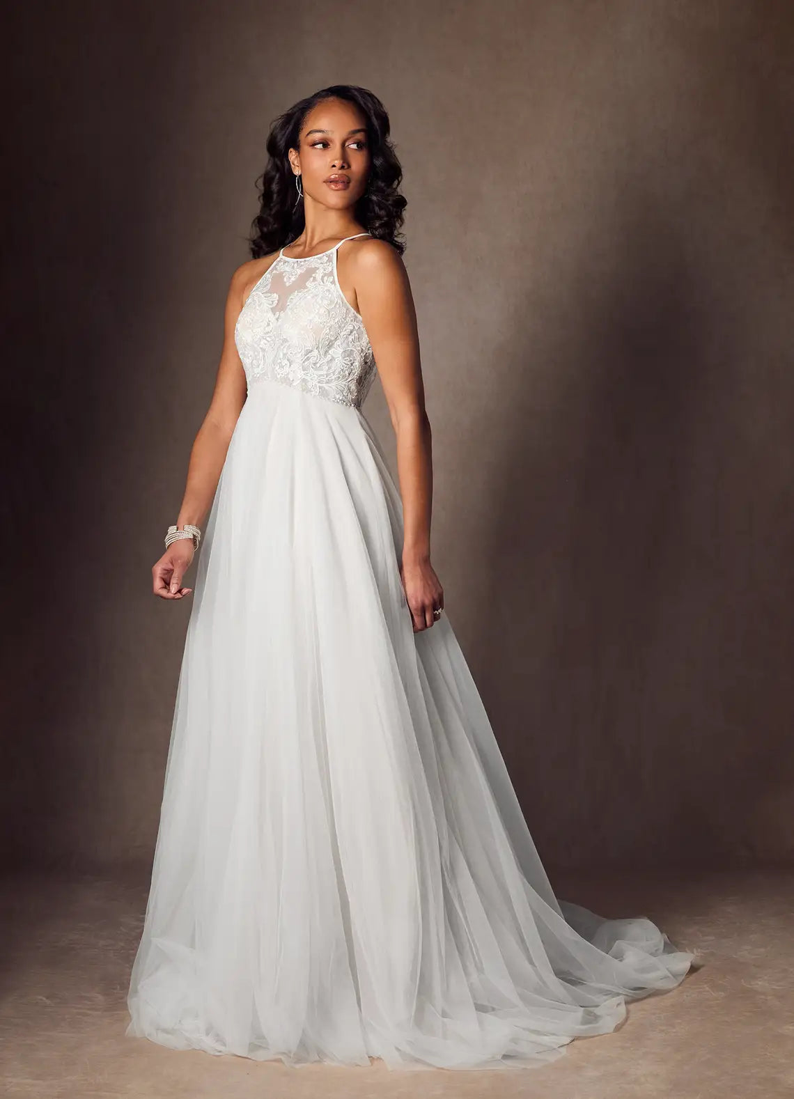 Low open back with lace appliques Floral Lace Wedding Dress with Halter Neckline and Two Silhouette Options
