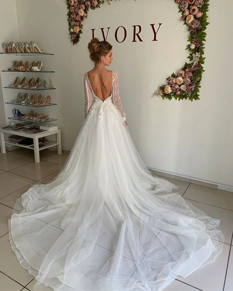 Dingji WeddingjiDress Luxurious Lace Long Sleeves Jewel Neck Layers A Line Wedding Dresses