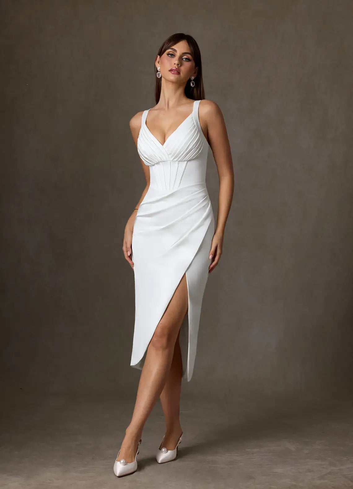 Luxurious Fashion smooth crepe construction Pleated Corset Midi Wedding Dress with High Slit