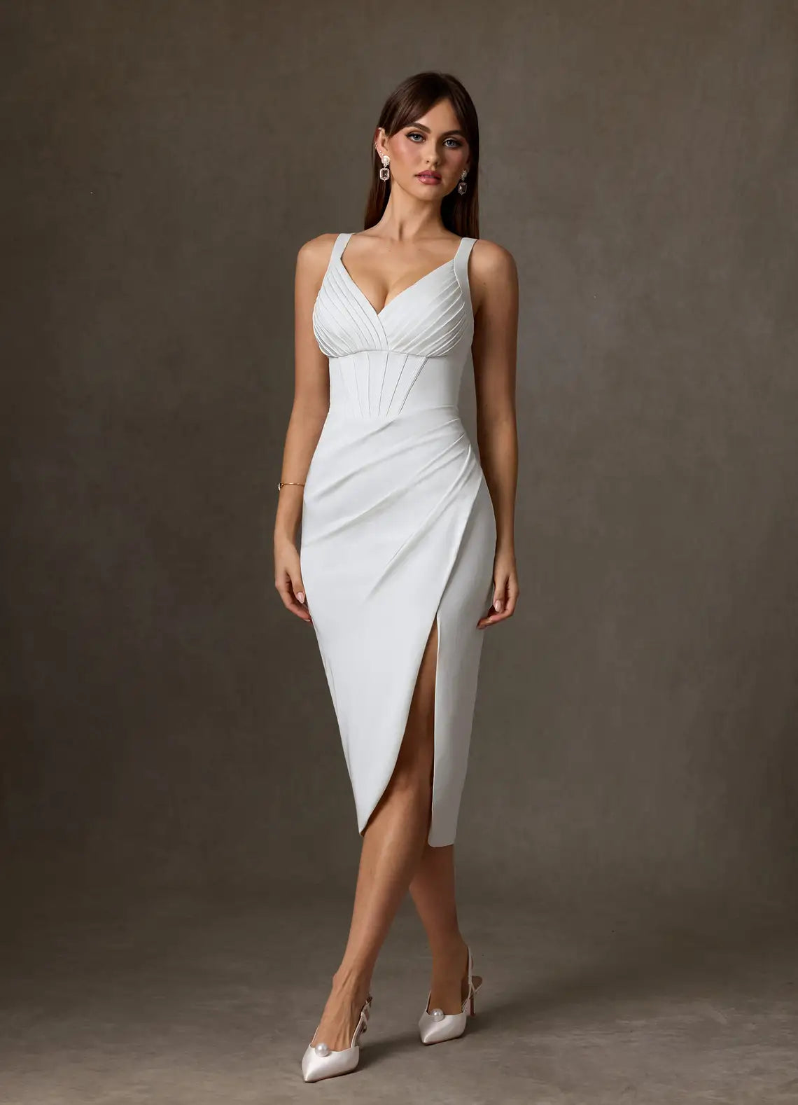 Luxurious Fashion smooth crepe construction Pleated Corset Midi Wedding Dress with High Slit