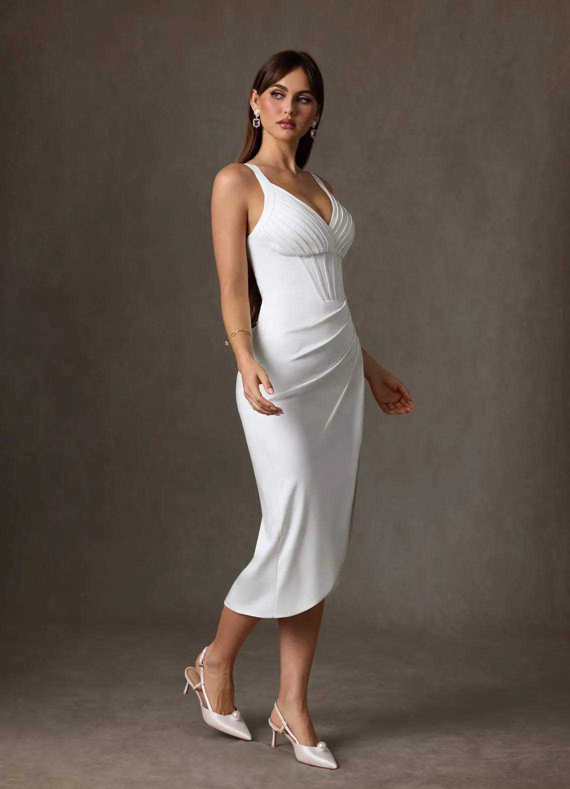 Luxurious Fashion smooth crepe construction Pleated Corset Midi Wedding Dress with High Slit