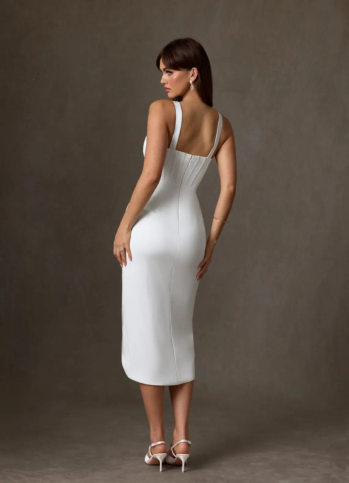 Luxurious Fashion smooth crepe construction Pleated Corset Midi Wedding Dress with High Slit