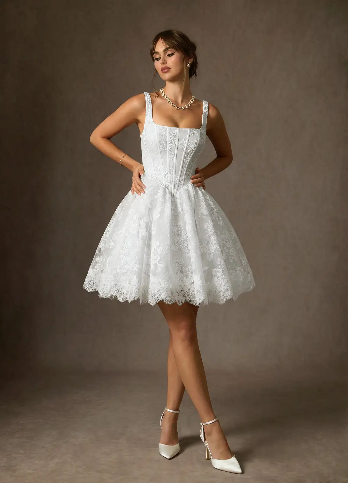 Luxurious Floral Lace Construction Square Neck Corset Lace Fit-and-Flare Short Wedding Dress