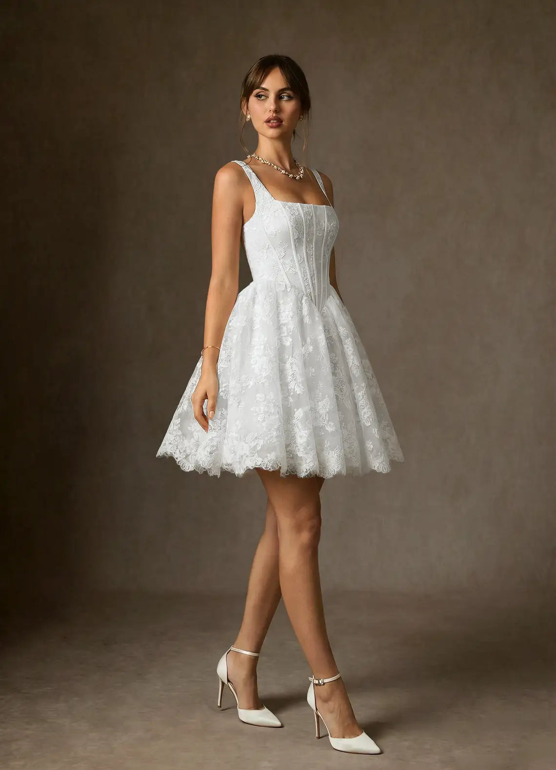 Luxurious Floral Lace Construction Square Neck Corset Lace Fit-and-Flare Short Wedding Dress
