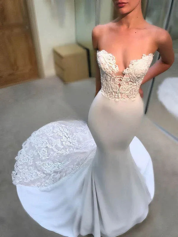 Luxurious Lace And Crepe Construction Strapless Lace Mermaid Wedding Dress with Sheer Back