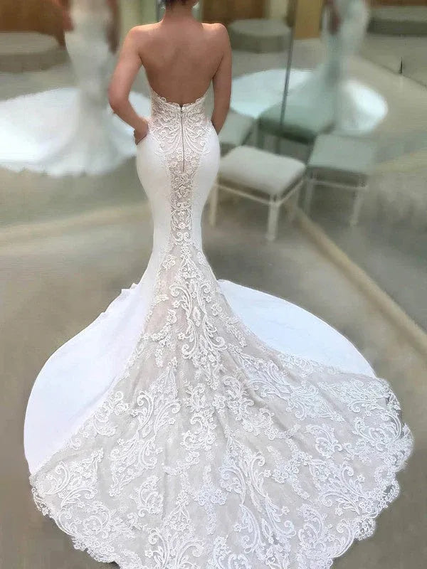 Luxurious Lace And Crepe Construction Strapless Lace Mermaid Wedding Dress with Sheer Back
