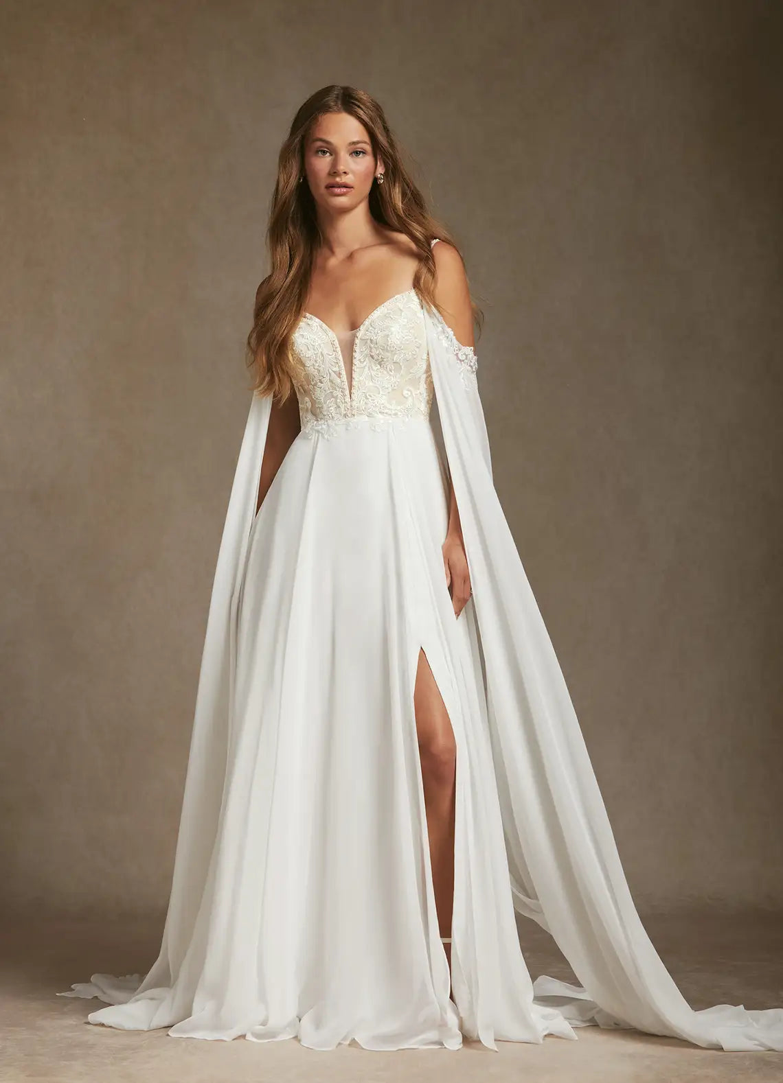 Luxurious Lace and Chiffon Construction Lace & Chiffon A-Line Wedding Dress with Cape Sleeves and High Slit