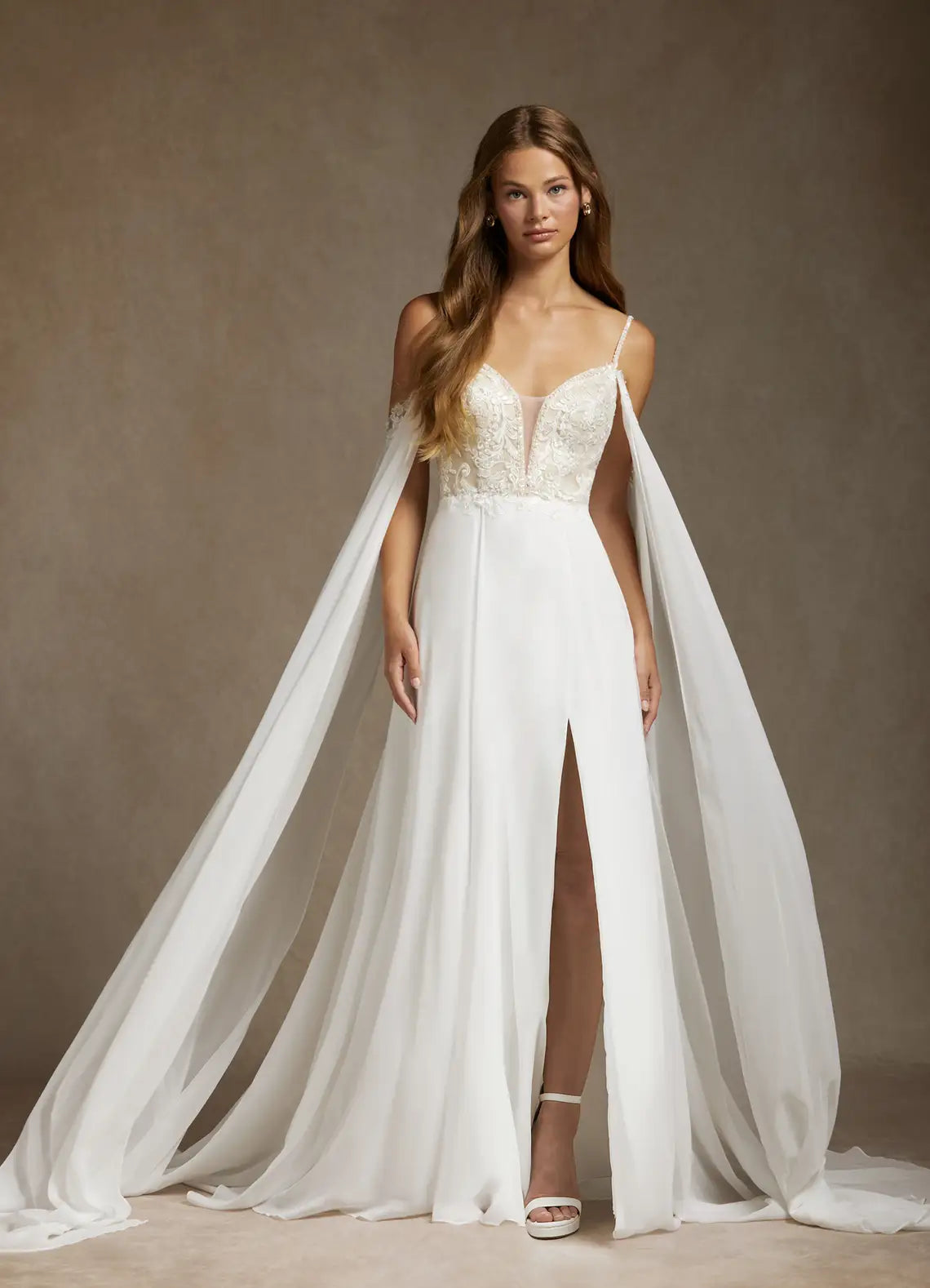 Luxurious Lace and Chiffon Construction Lace & Chiffon A-Line Wedding Dress with Cape Sleeves and High Slit