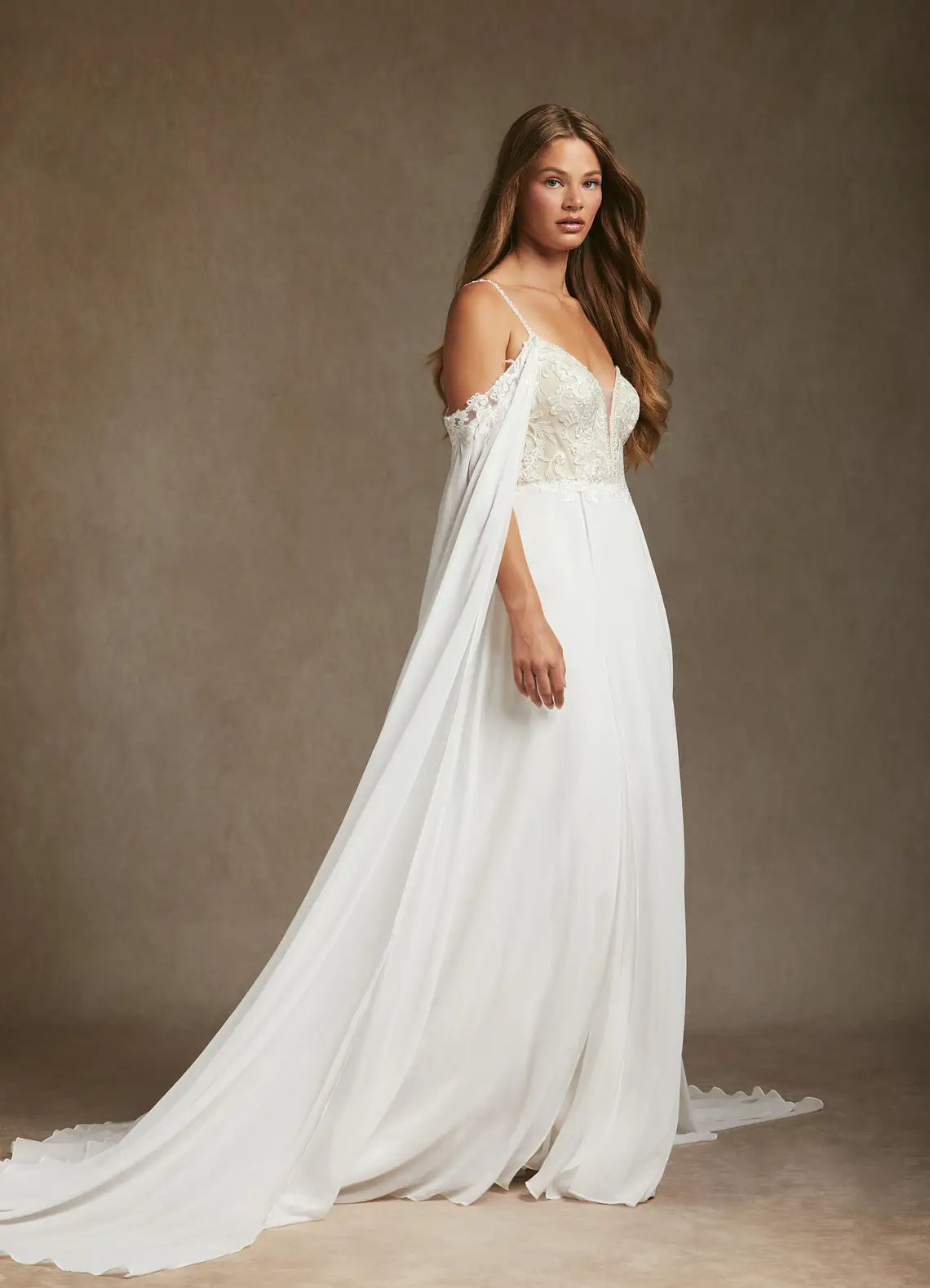 Luxurious Lace and Chiffon Construction Lace & Chiffon A-Line Wedding Dress with Cape Sleeves and High Slit