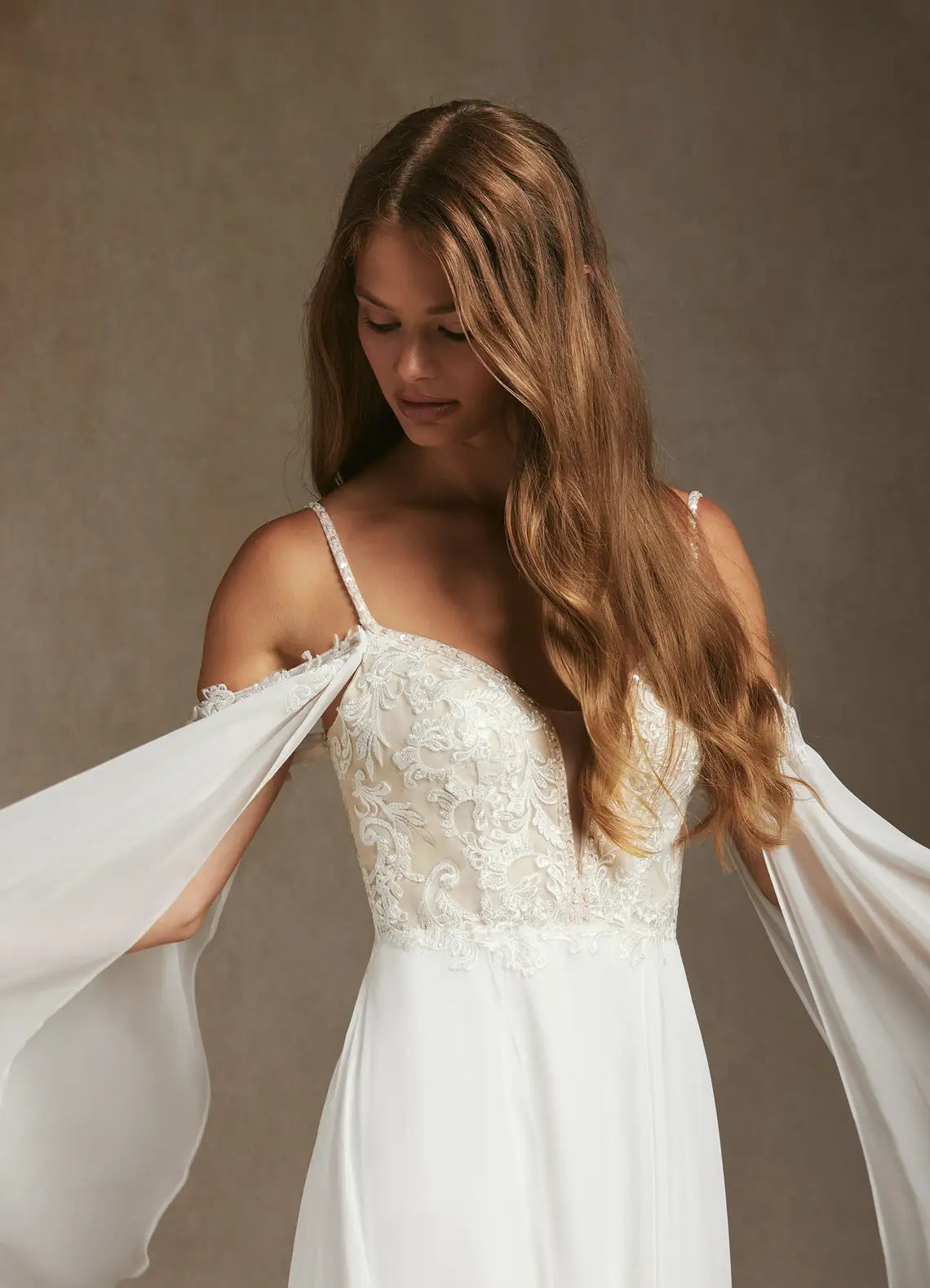 Luxurious Lace and Chiffon Construction Lace & Chiffon A-Line Wedding Dress with Cape Sleeves and High Slit
