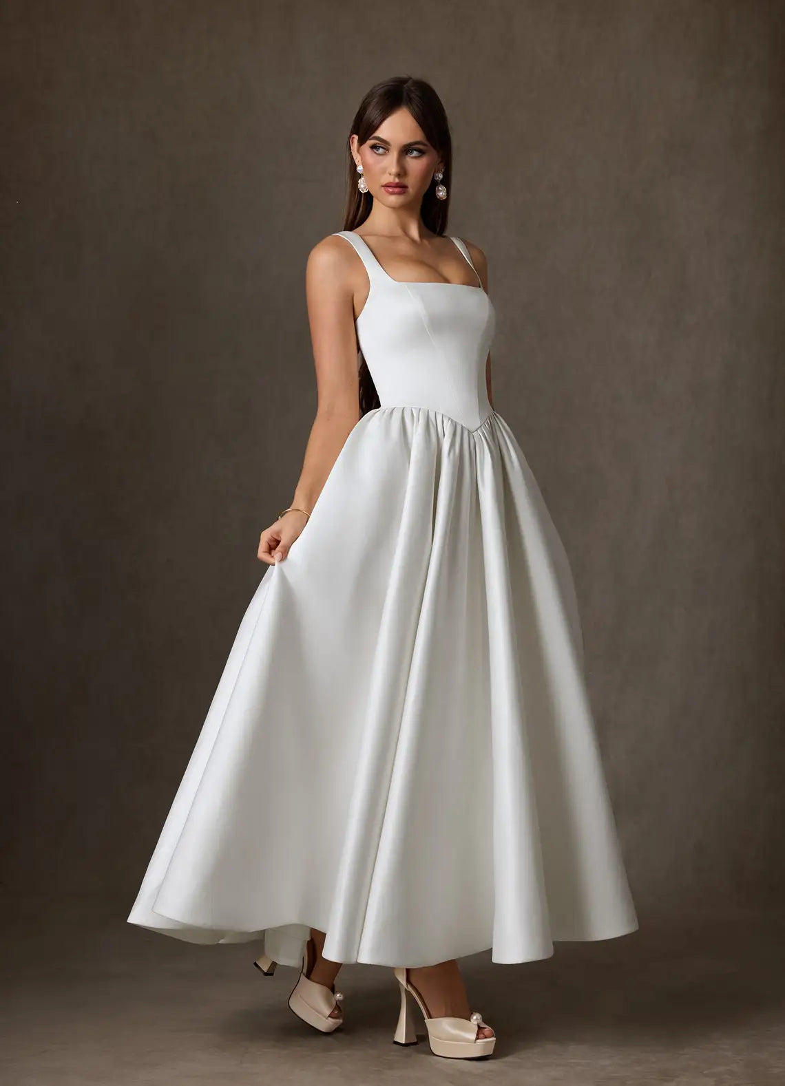 Luxurious Structured Satin Construction Square Neck Satin Tea-Length Wedding Dress with Corset Bodice