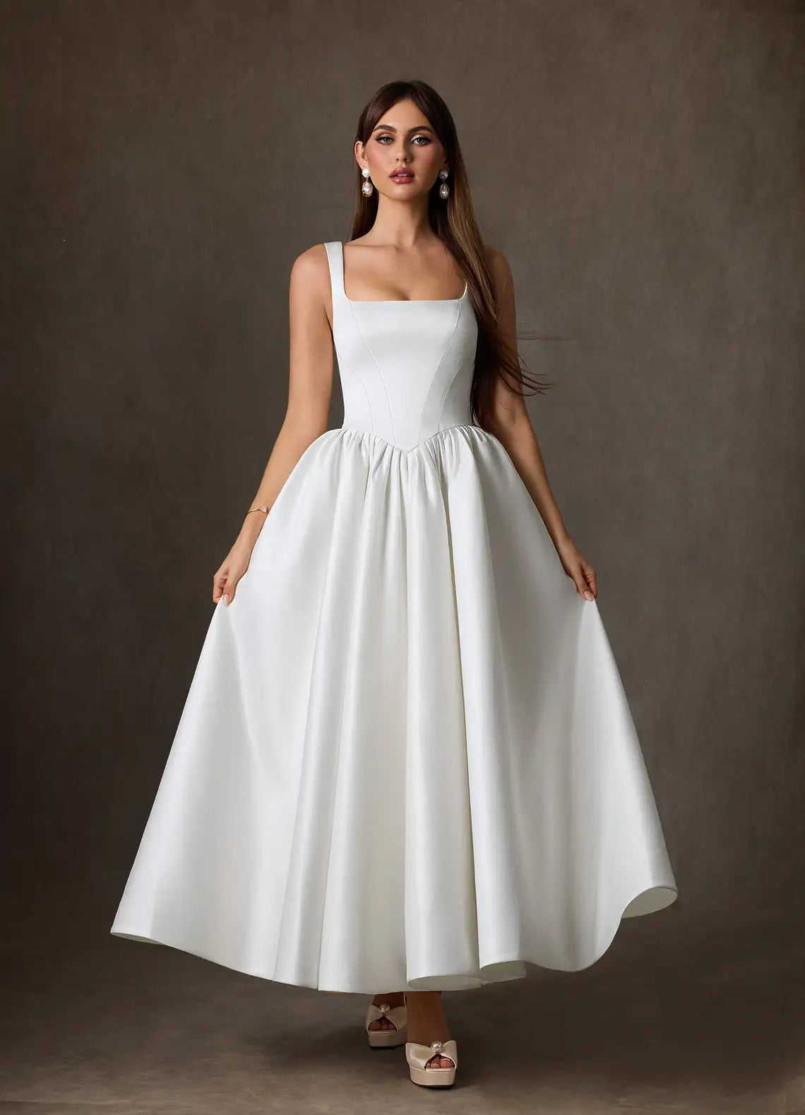 Luxurious Structured Satin Construction Square Neck Satin Tea-Length Wedding Dress with Corset Bodice