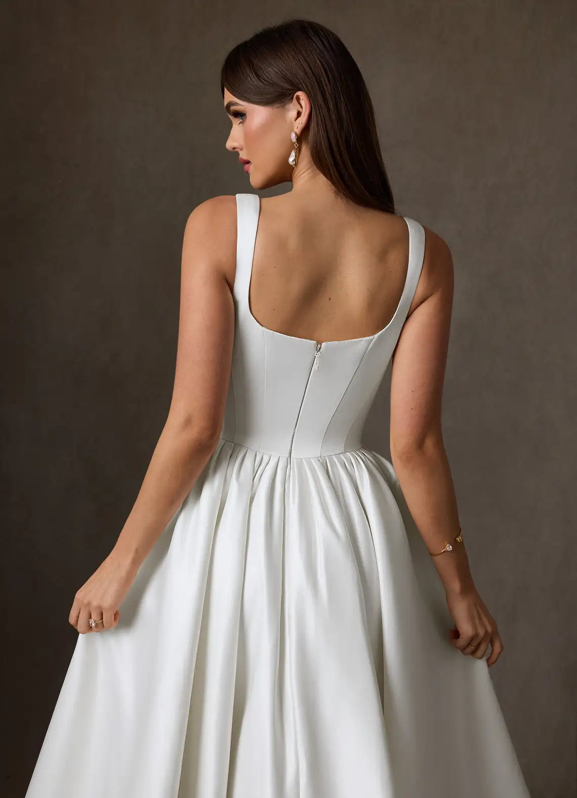 Luxurious Structured Satin Construction Square Neck Satin Tea-Length Wedding Dress with Corset Bodice