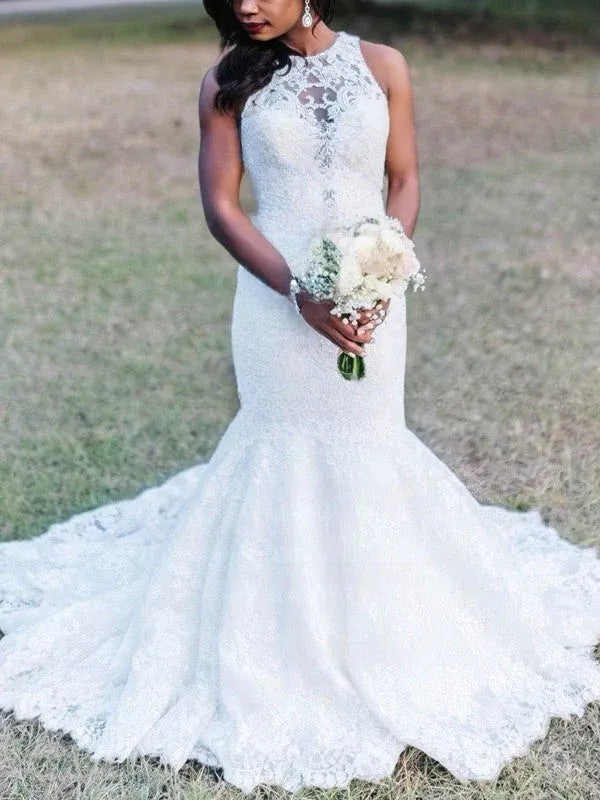 Luxurious all-over lace construction Sleeveless Lace Mermaid Wedding Dress with Illusion Neckline
