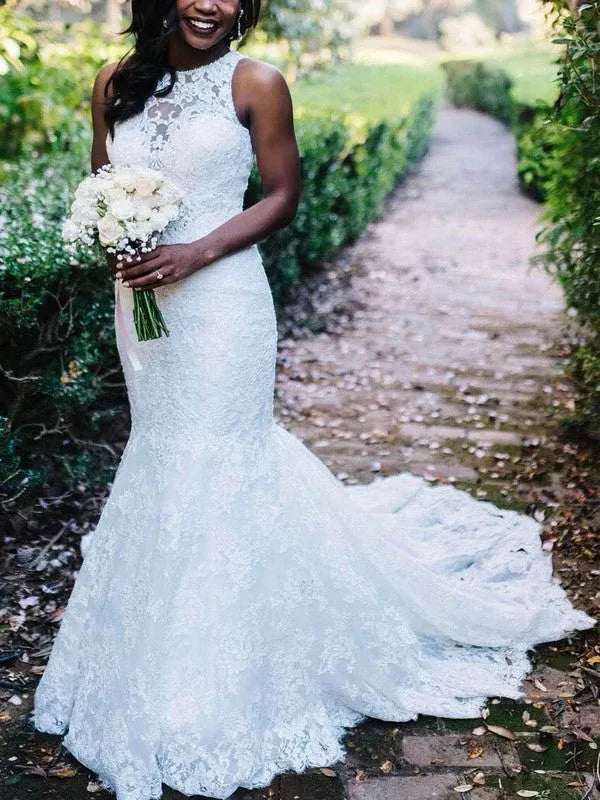 Luxurious all-over lace construction Sleeveless Lace Mermaid Wedding Dress with Illusion Neckline