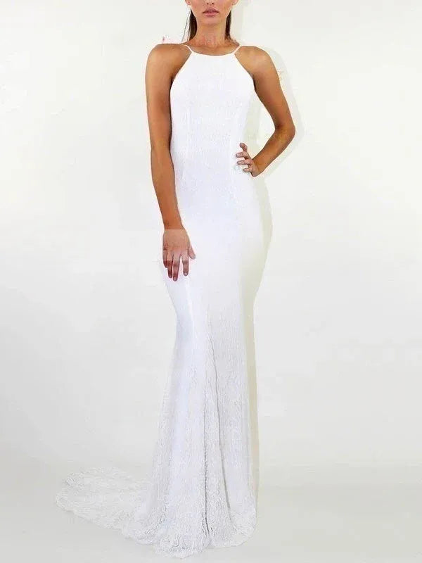 Luxurious allover lace construction Halter Neck Lace Mermaid Wedding Dress with Low V-Back