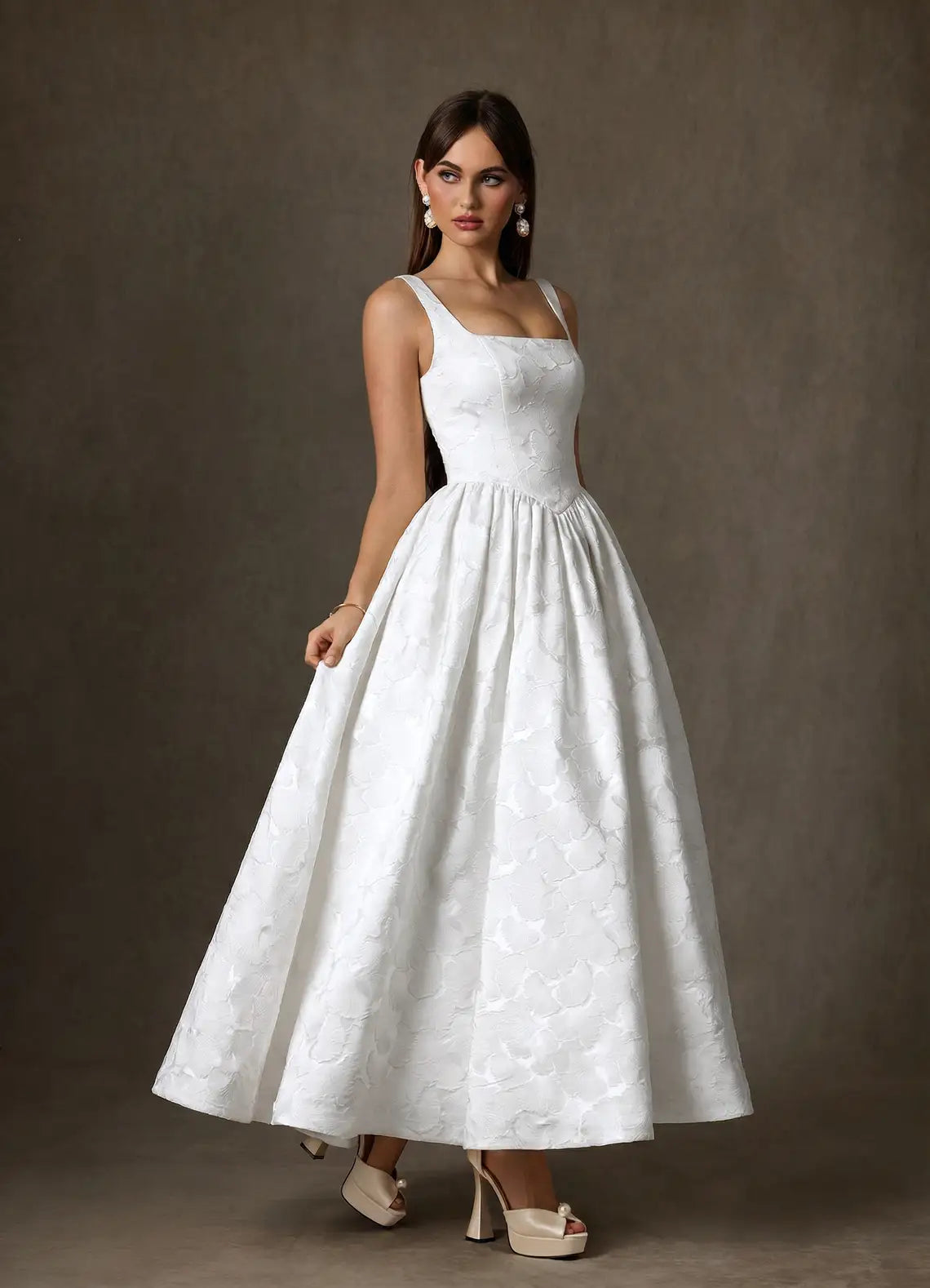 Luxurious embossed floral jacquard construction Square Neck Jacquard A-Line Tea-Length Wedding Dress with Corset Bodice