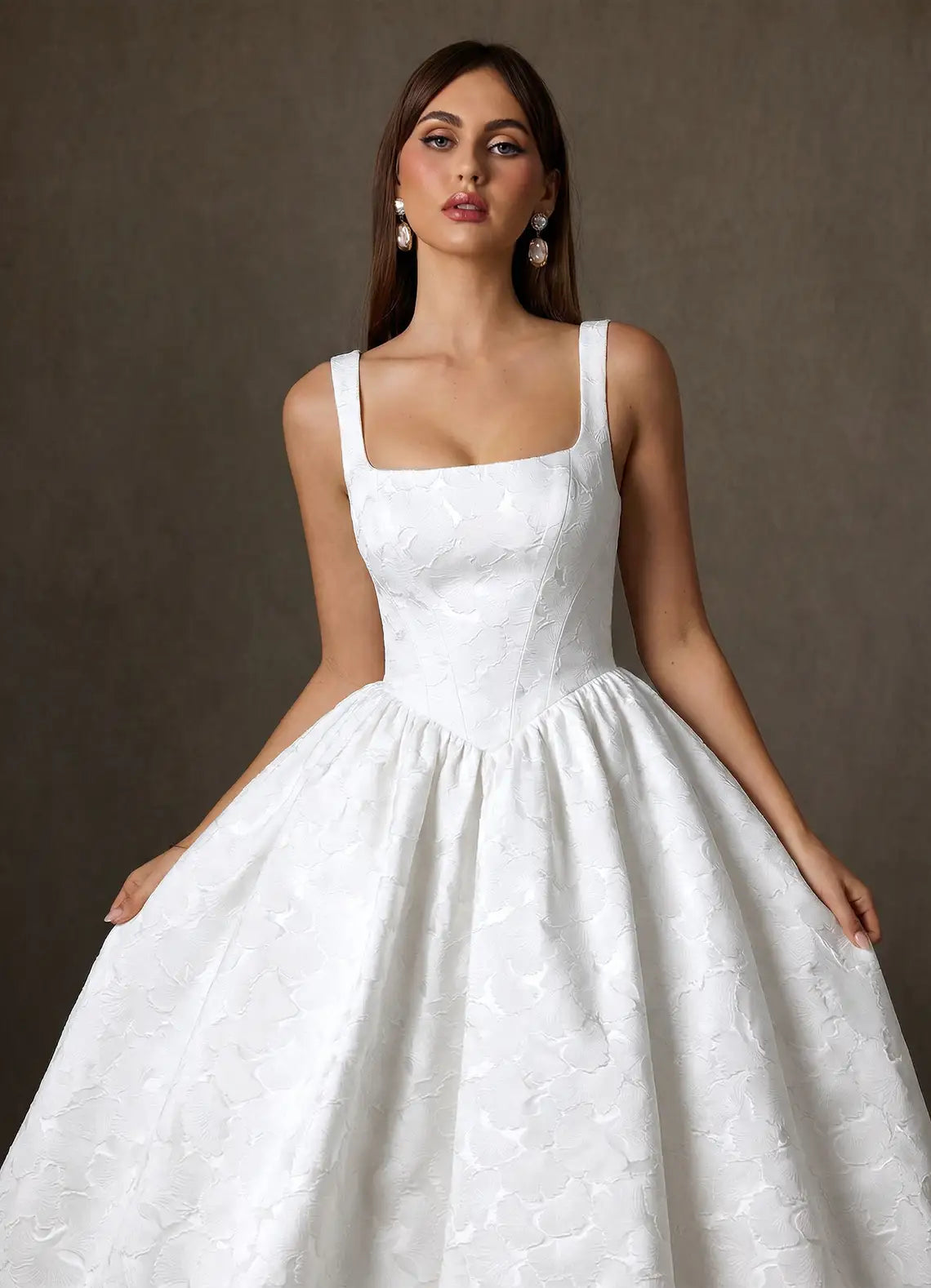 Luxurious embossed floral jacquard construction Square Neck Jacquard A-Line Tea-Length Wedding Dress with Corset Bodice