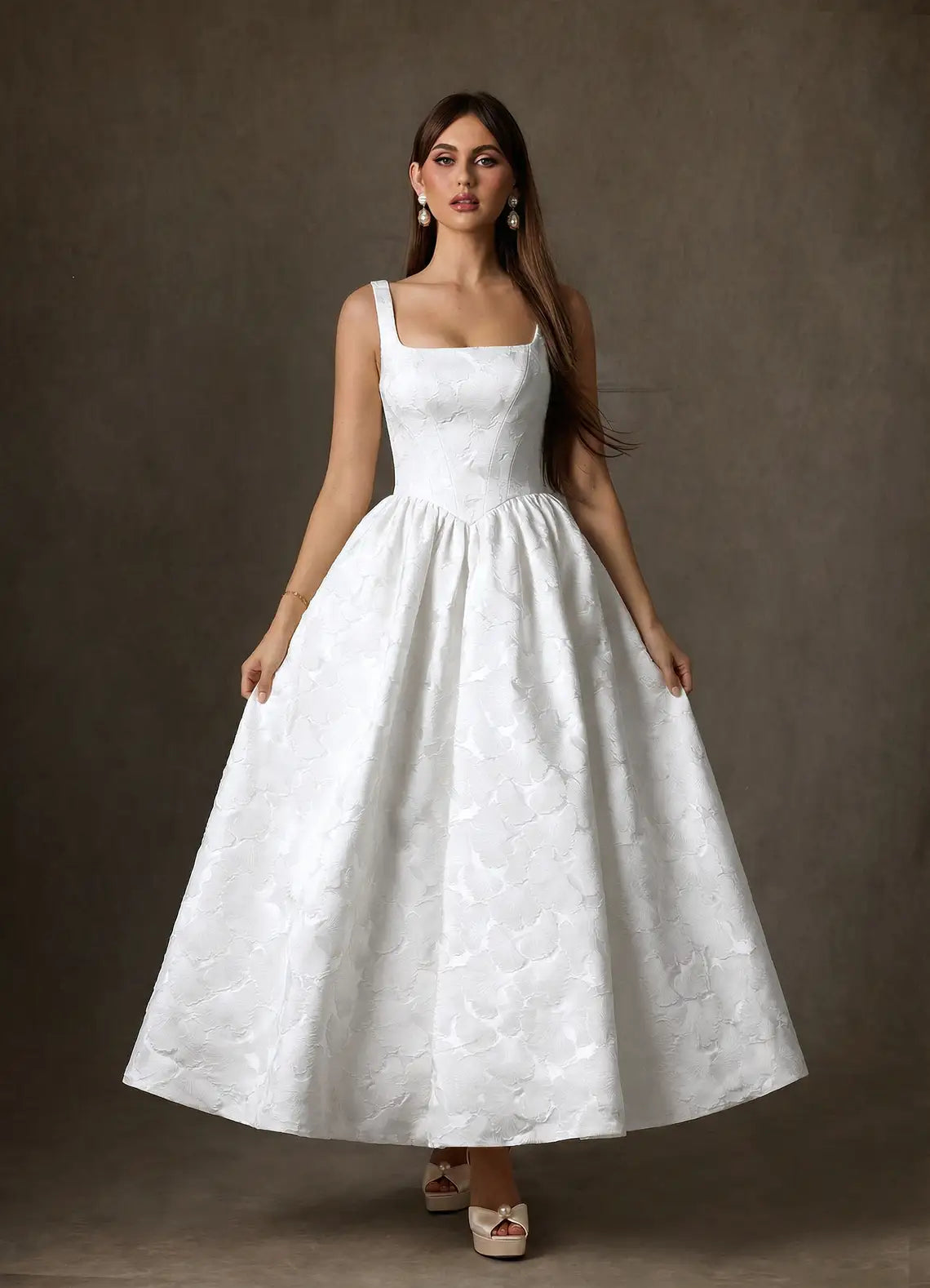 Luxurious embossed floral jacquard construction Square Neck Jacquard A-Line Tea-Length Wedding Dress with Corset Bodice