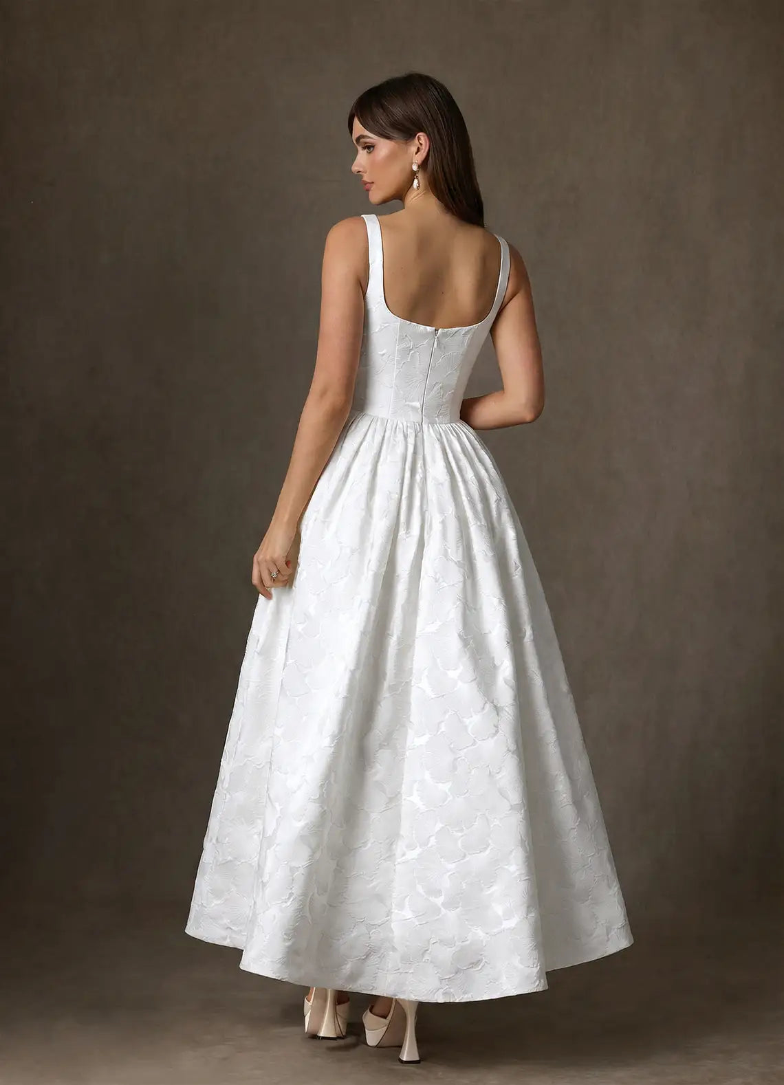 Luxurious embossed floral jacquard construction Square Neck Jacquard A-Line Tea-Length Wedding Dress with Corset Bodice