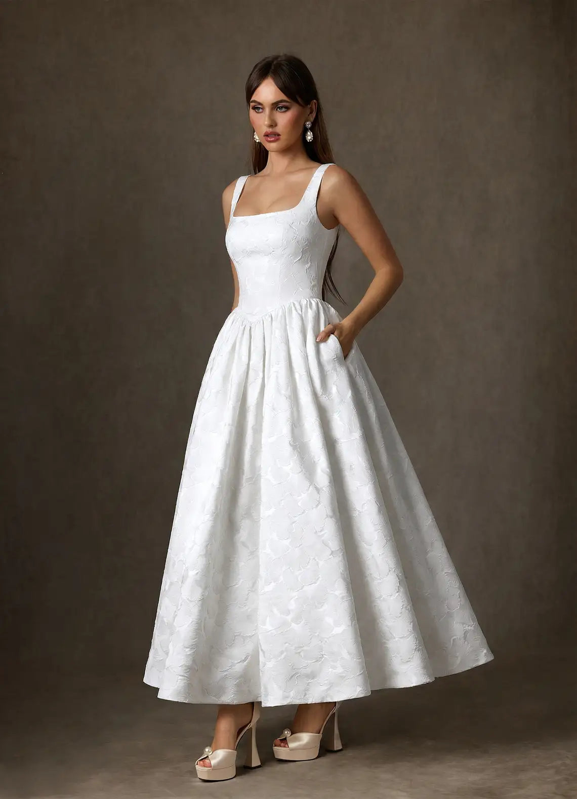 Luxurious embossed floral jacquard construction Square Neck Jacquard A-Line Tea-Length Wedding Dress with Corset Bodice