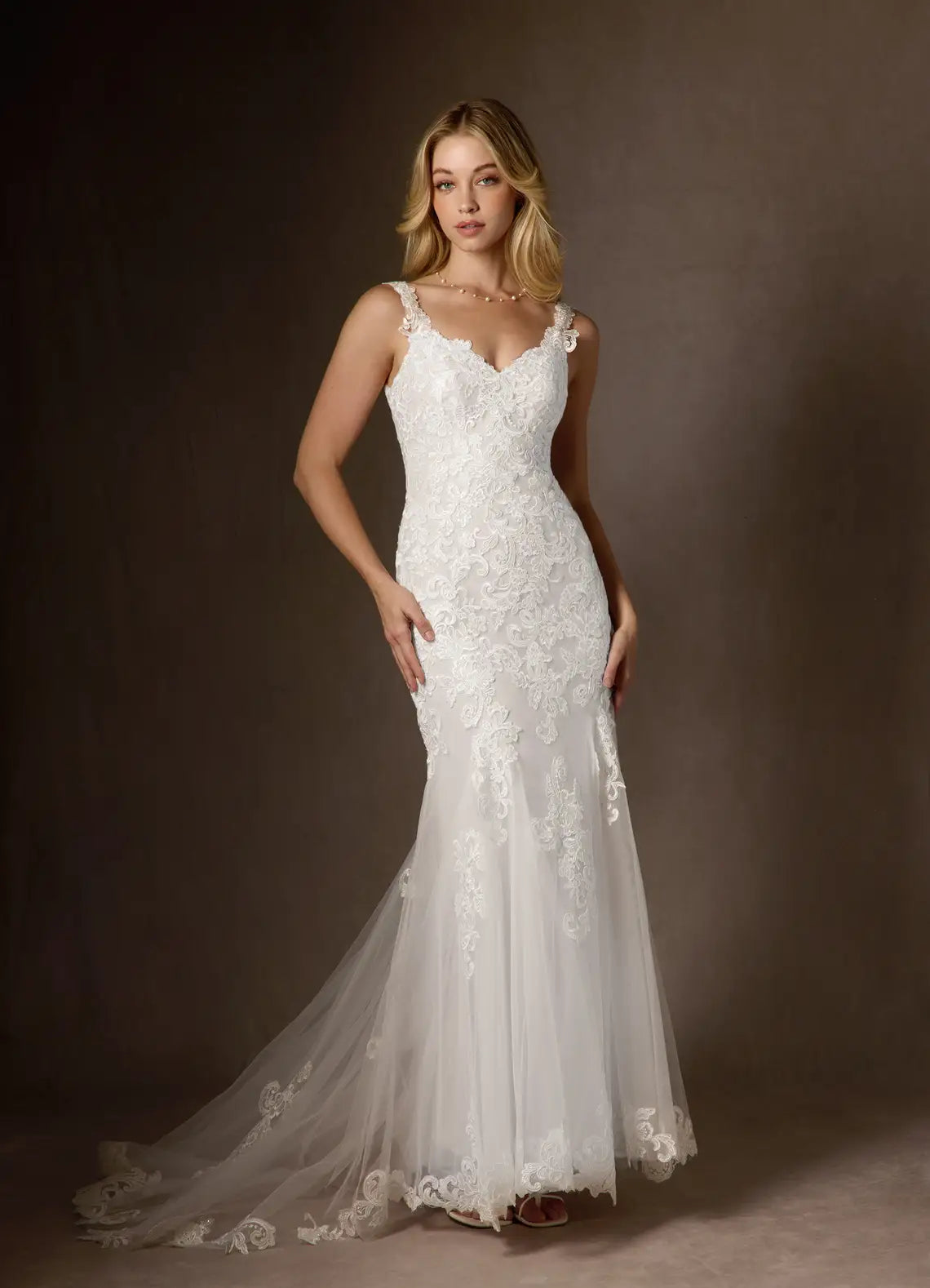 Luxurious floral lace and tulle construction Floral Lace Mermaid Wedding Dress with Spaghetti Straps