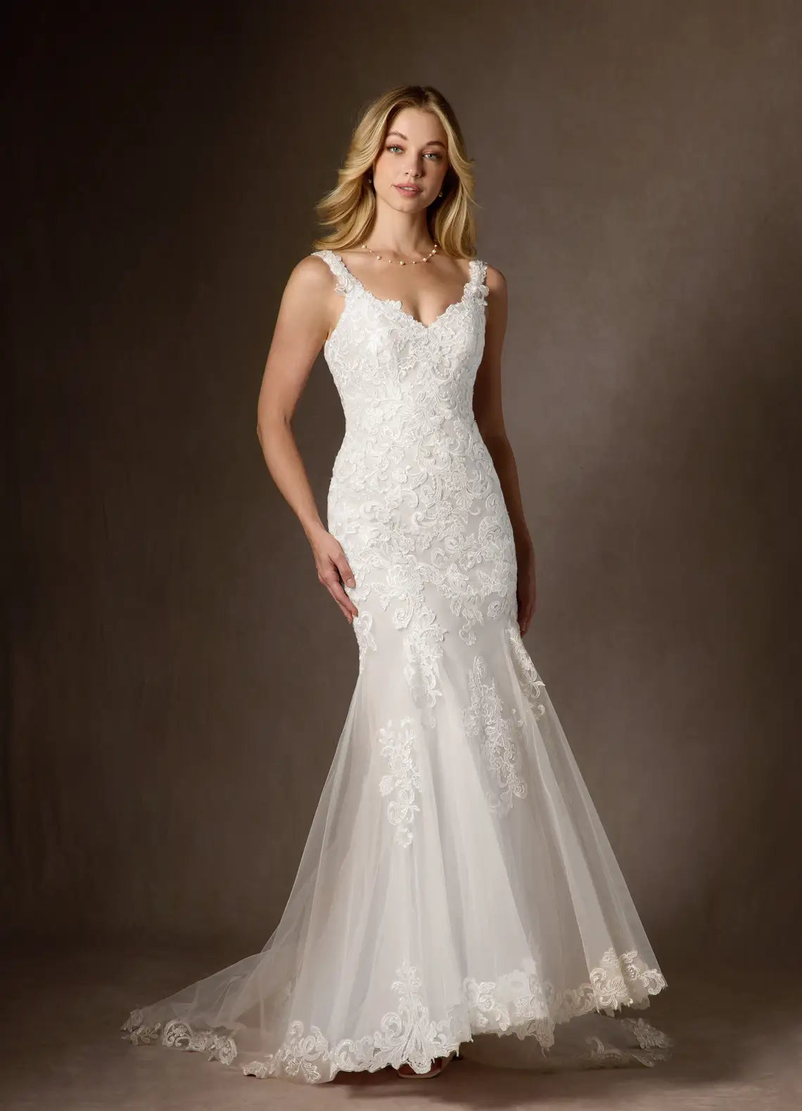 Luxurious floral lace and tulle construction Floral Lace Mermaid Wedding Dress with Spaghetti Straps