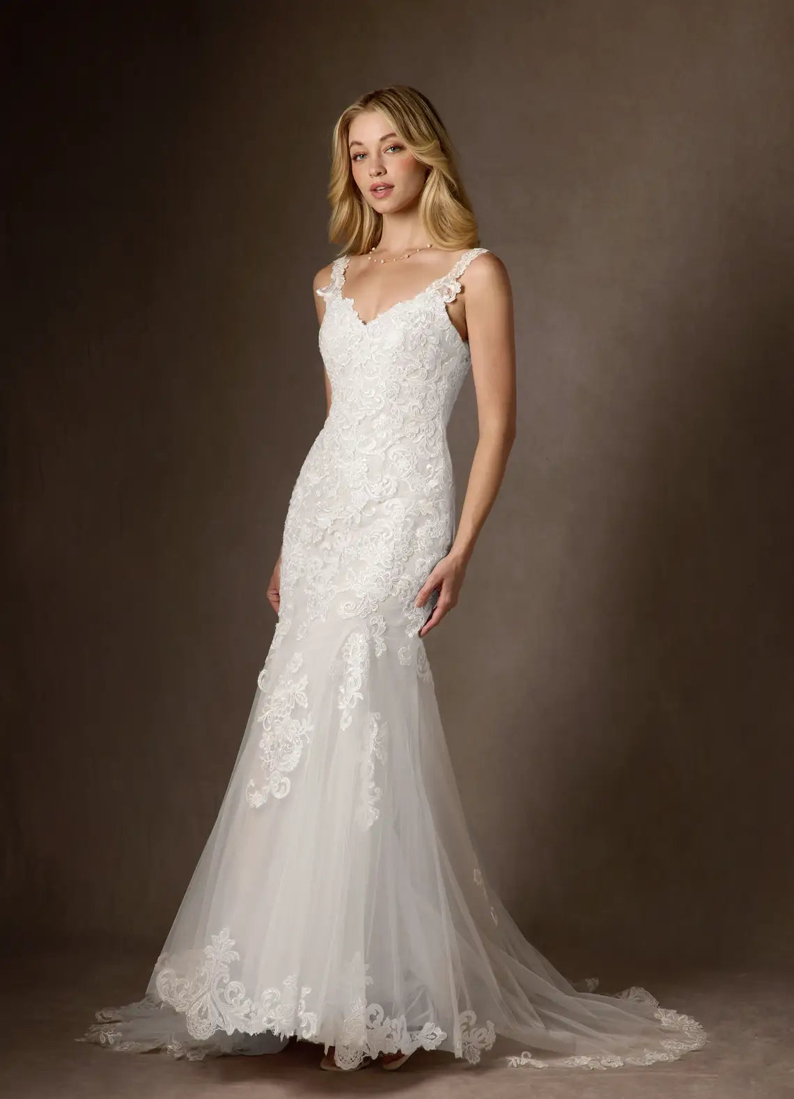 Luxurious floral lace and tulle construction Floral Lace Mermaid Wedding Dress with Spaghetti Straps