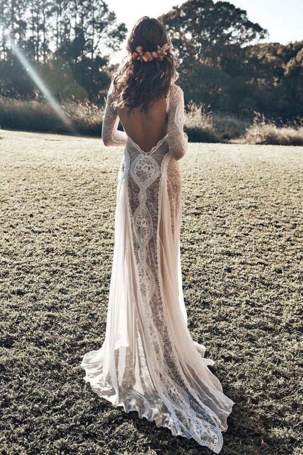 Luxurious floral lace construction Long Sleeve Lace Wedding Dress with Keyhole Back & Slit