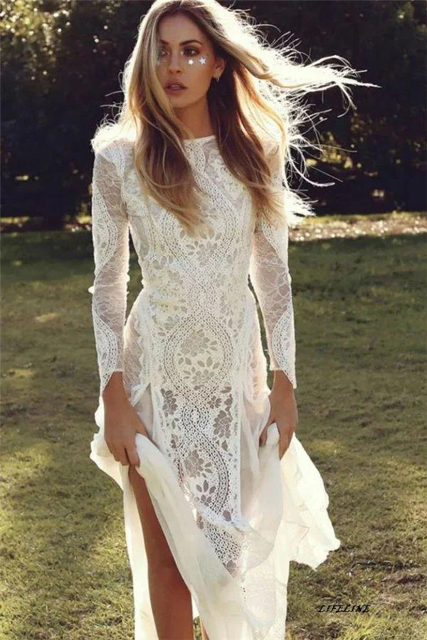 Luxurious floral lace construction Long Sleeve Lace Wedding Dress with Keyhole Back & Slit