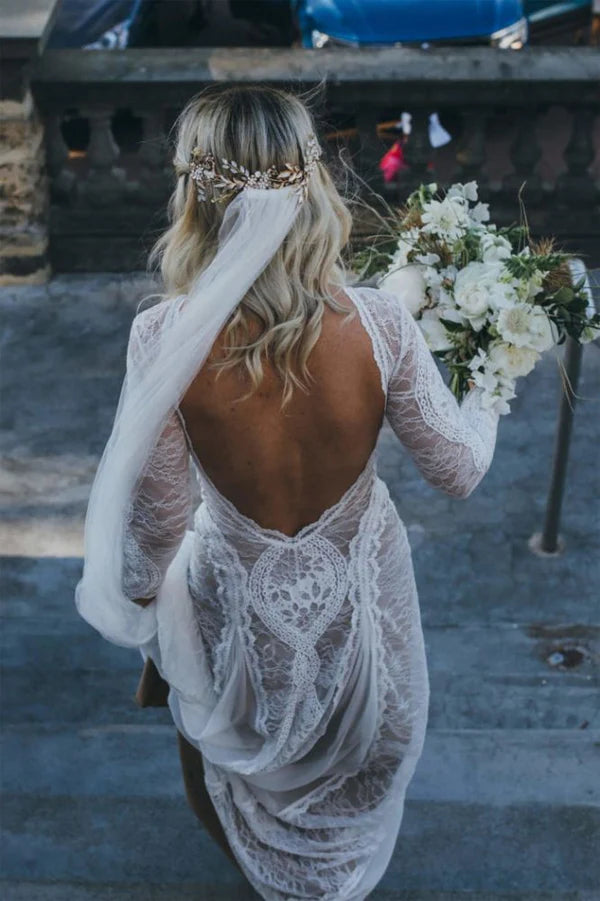 Luxurious floral lace construction Long Sleeve Lace Wedding Dress with Keyhole Back & Slit