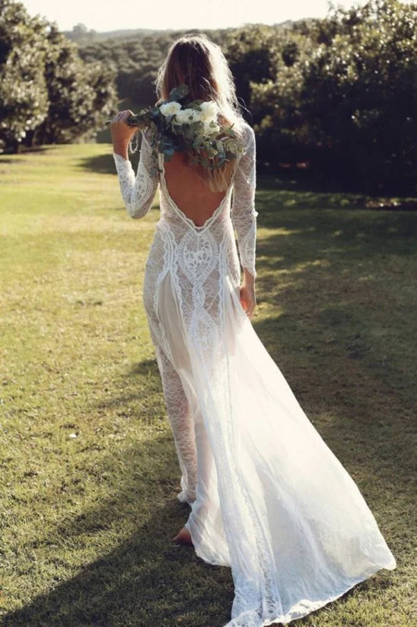 Luxurious floral lace construction Long Sleeve Lace Wedding Dress with Keyhole Back & Slit