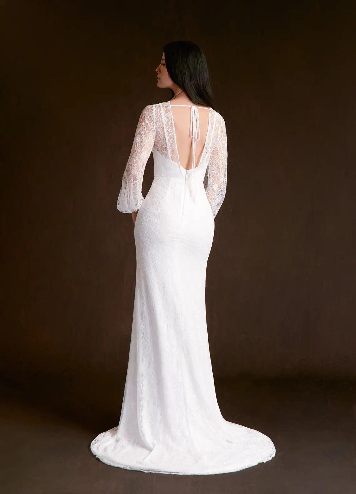 Luxurious floral lace construction Round Neck Long Sleeve Lace Mermaid Wedding Dress with Open Back