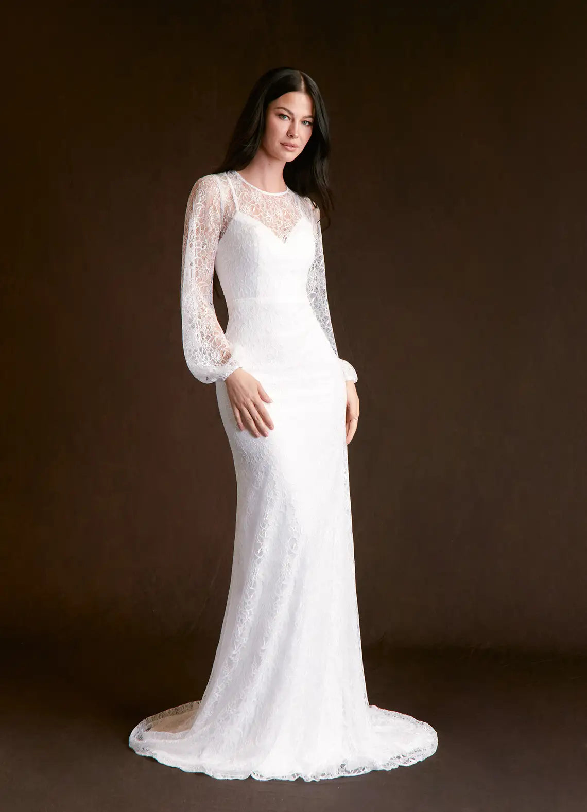 Luxurious floral lace construction Round Neck Long Sleeve Lace Mermaid Wedding Dress with Open Back