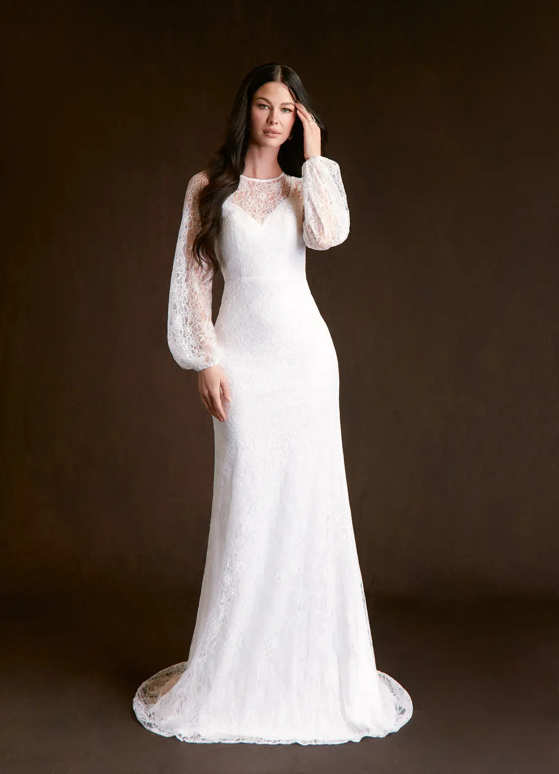 Luxurious floral lace construction Round Neck Long Sleeve Lace Mermaid Wedding Dress with Open Back