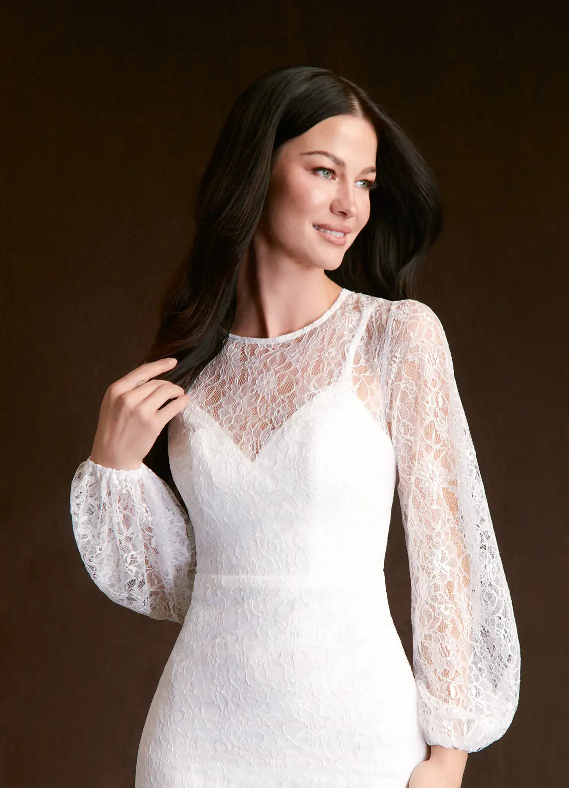 Luxurious floral lace construction Round Neck Long Sleeve Lace Mermaid Wedding Dress with Open Back