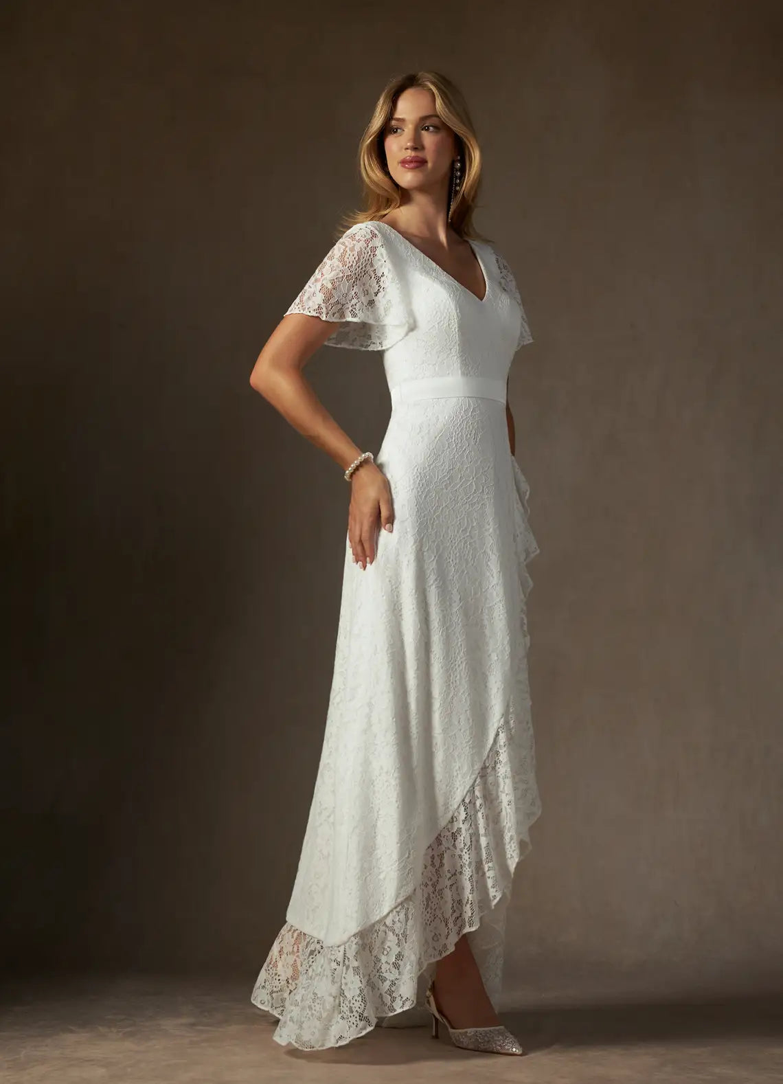 Luxurious floral lace construction V-Neck Lace High-Low Wedding Dress with Flutter Sleeves & Ruffle Hem