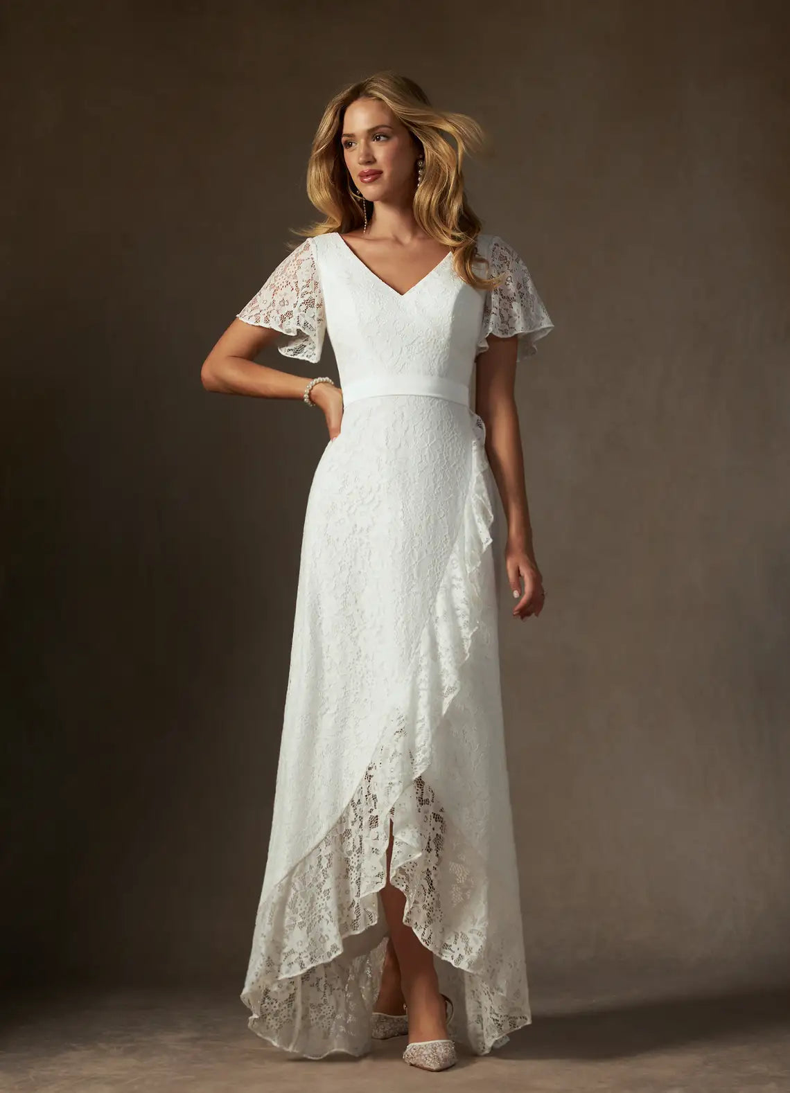 Luxurious floral lace construction V-Neck Lace High-Low Wedding Dress with Flutter Sleeves & Ruffle Hem