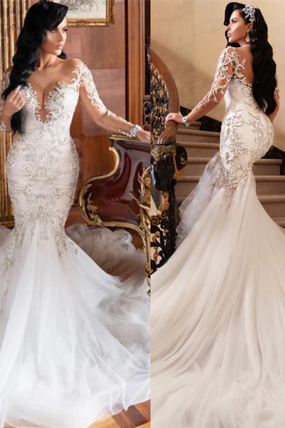 Luxurious lace and tulle construction Illusion Long Sleeve Lace Mermaid Wedding Dress with Voluminous Tulle Train