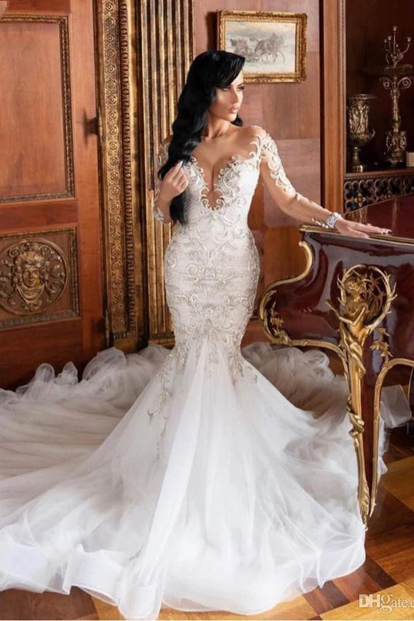 Luxurious lace and tulle construction Illusion Long Sleeve Lace Mermaid Wedding Dress with Voluminous Tulle Train