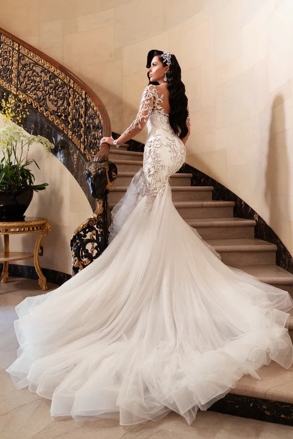 Luxurious lace and tulle construction Illusion Long Sleeve Lace Mermaid Wedding Dress with Voluminous Tulle Train