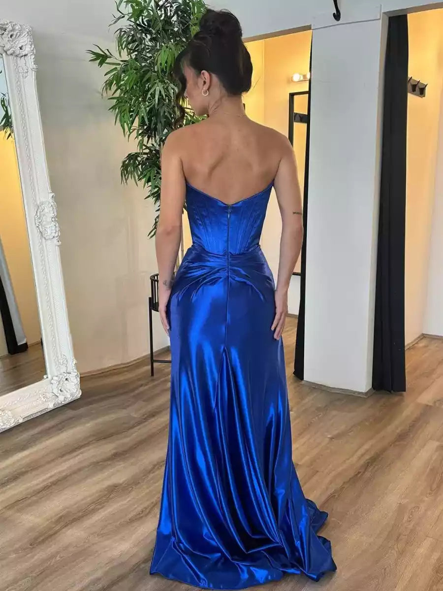 Luxurious off shoulder satin fishtail slit sleeveless Prom Dresses