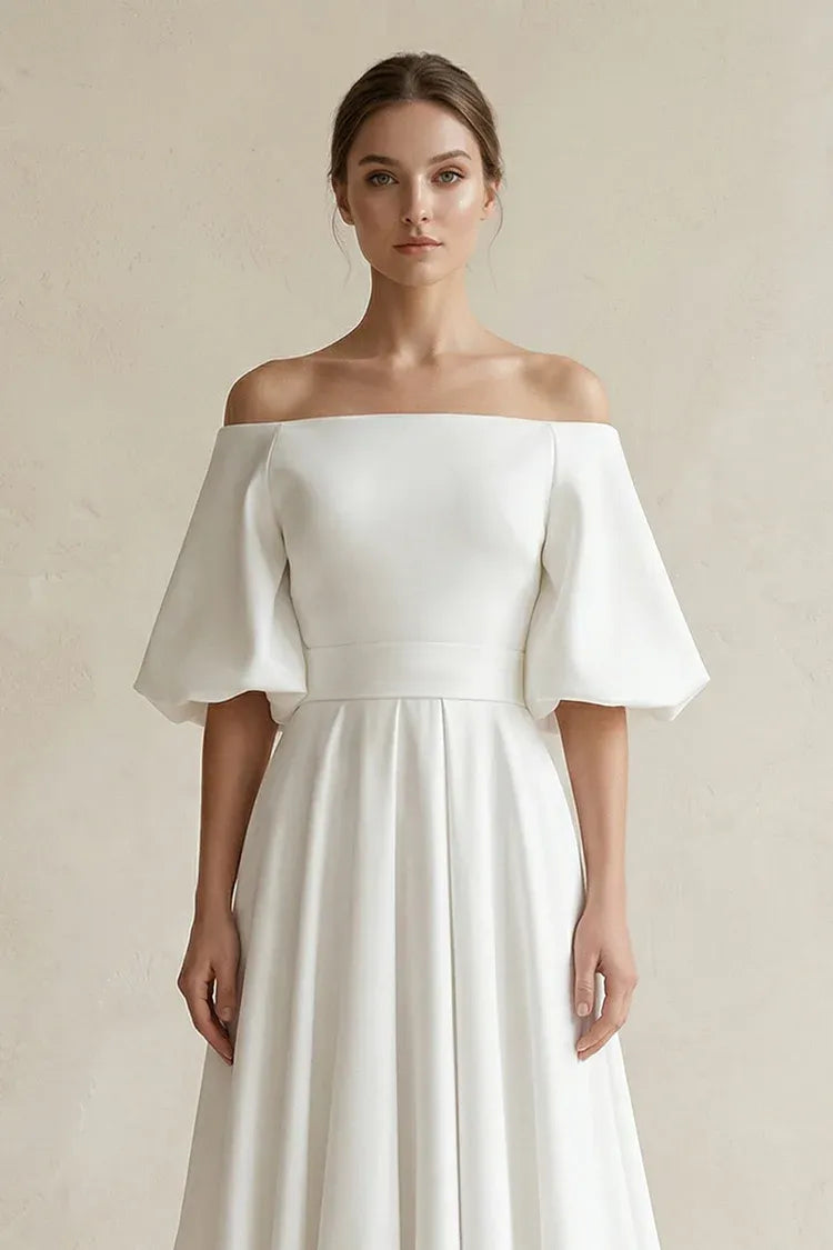 Luxurious  satin Construction Off-the-Shoulder Puff Sleeve Satin A-Line Wedding Dress with Keyhole Back