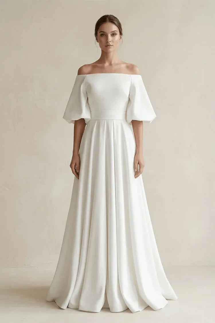Luxurious  satin Construction Off-the-Shoulder Puff Sleeve Satin A-Line Wedding Dress with Keyhole Back