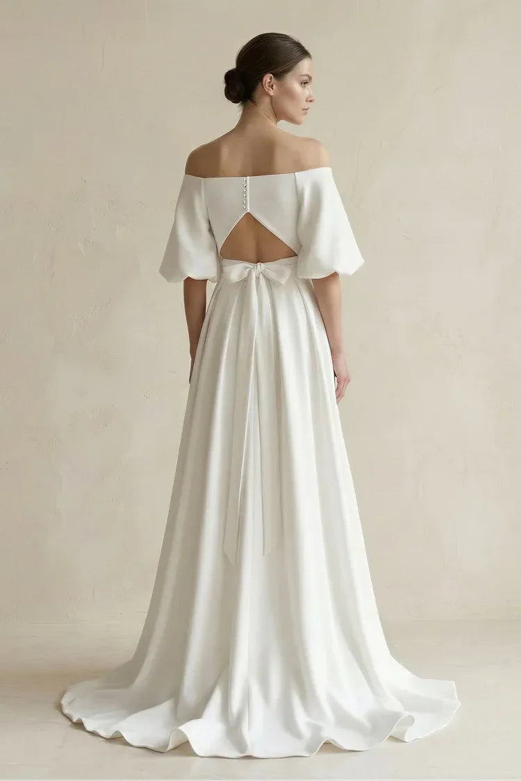 Luxurious  satin Construction Off-the-Shoulder Puff Sleeve Satin A-Line Wedding Dress with Keyhole Back